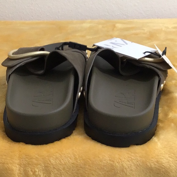 🆕 ZARA Suede Cross Strap Buckle Slides Olive Green - Picture 10 of 11